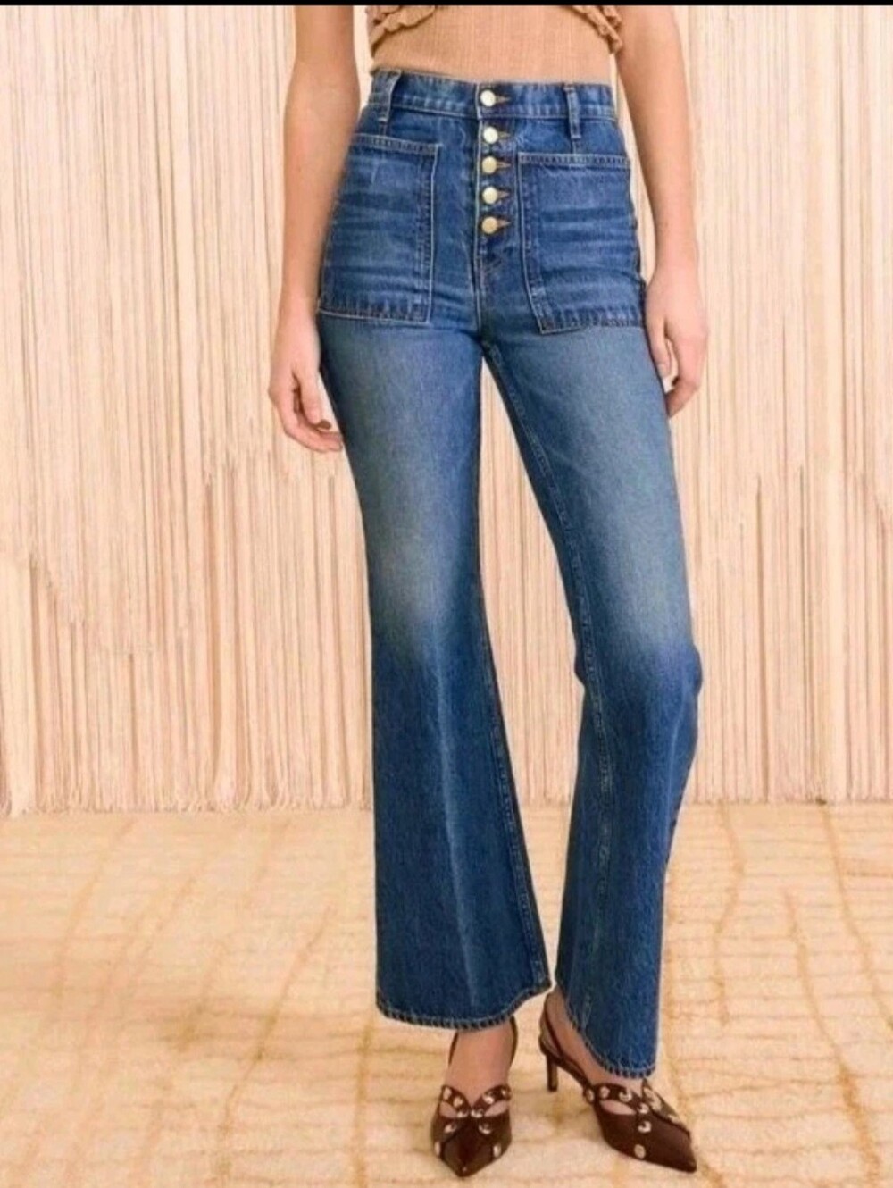 Ulla Johnson Lou Jean Womens 24 Patch Pocket Flare Blue Danube Indigo Button Fly